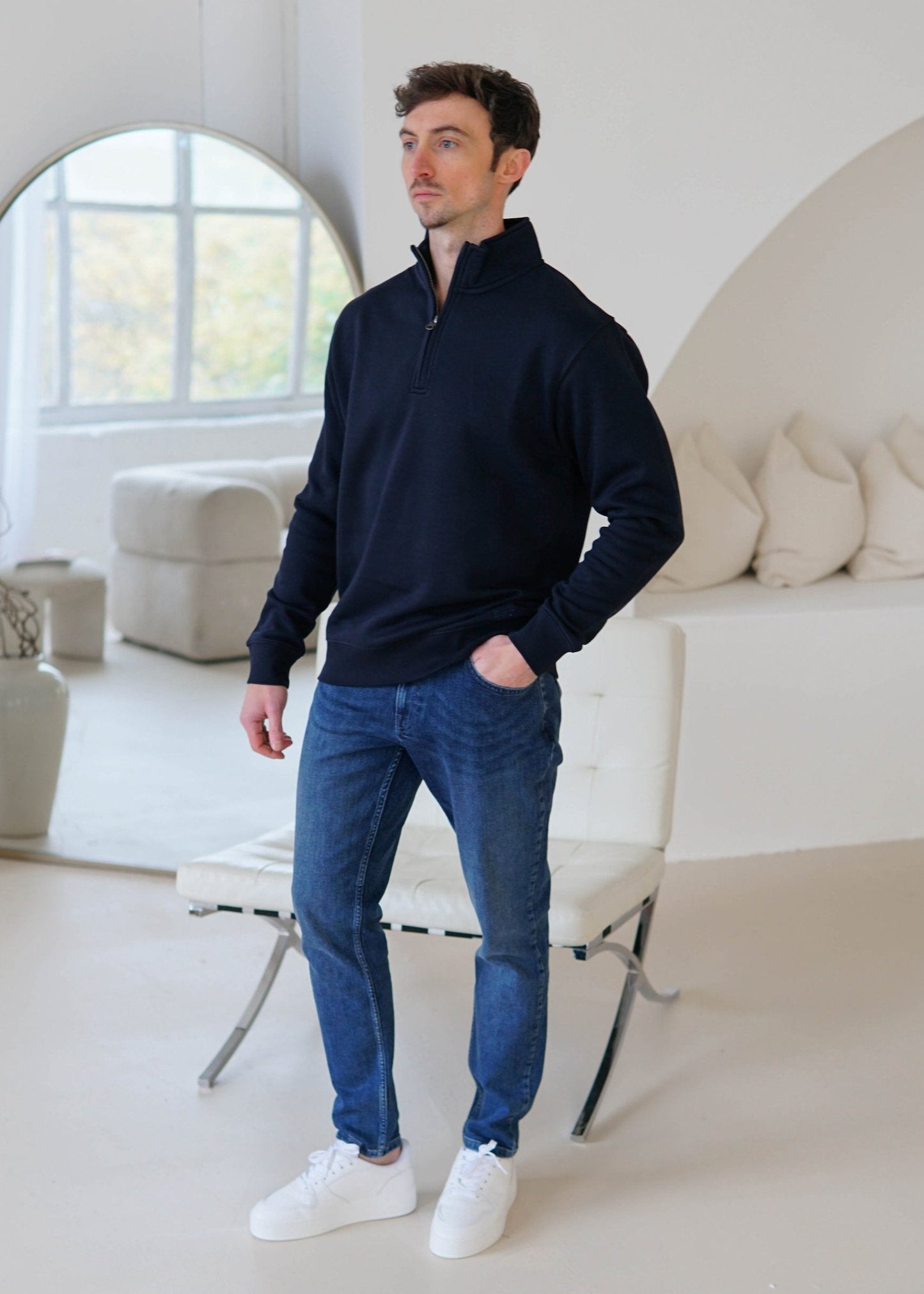 Essential Quarter Zip Sweatshirt In Navy Blue