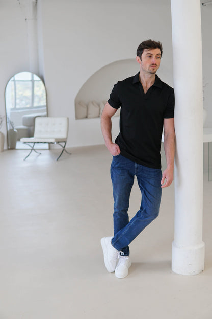 Luxe Open Collar Polo Shirt In Black