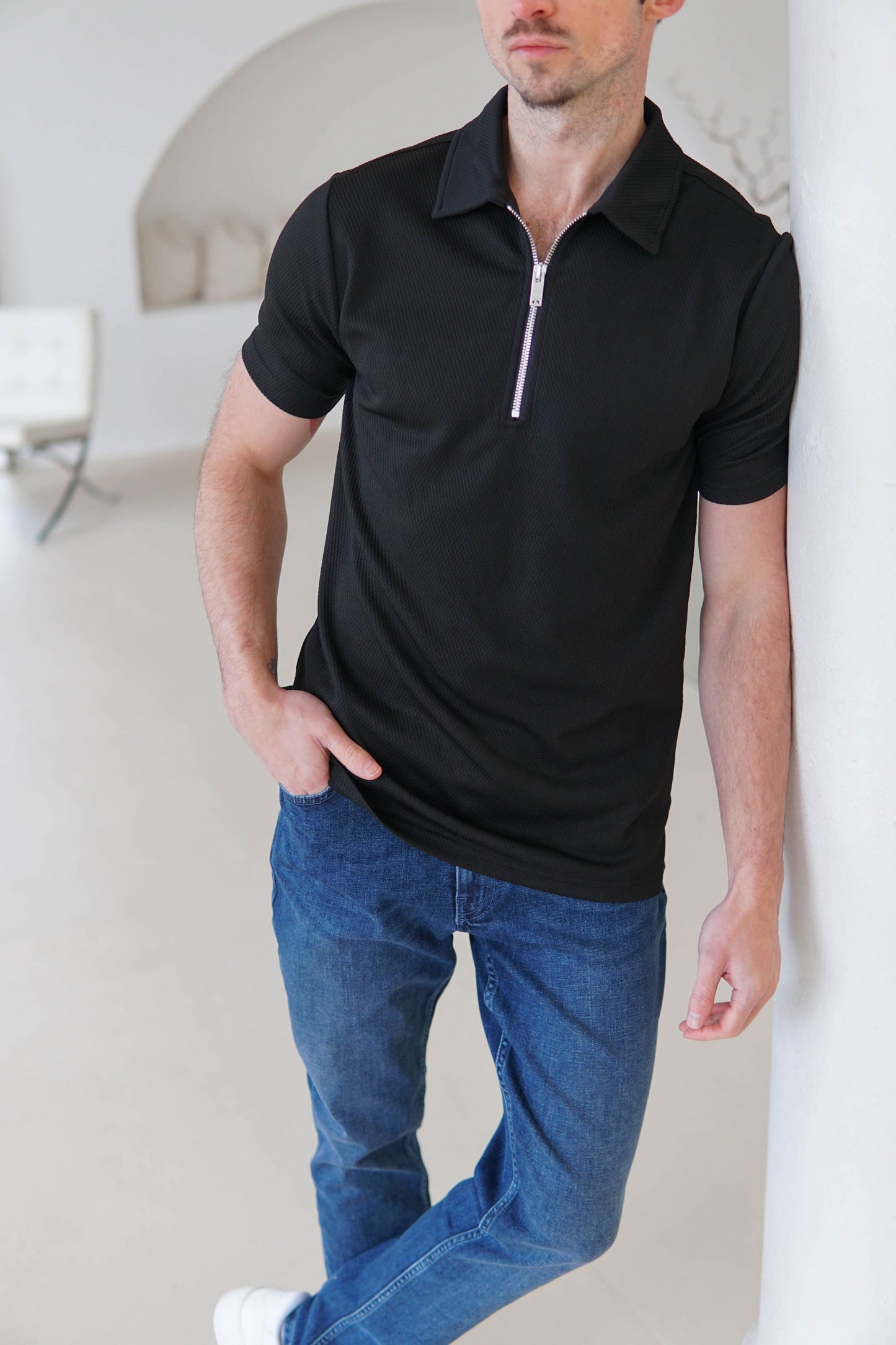 Luxe Zip Polo Shirt In Black