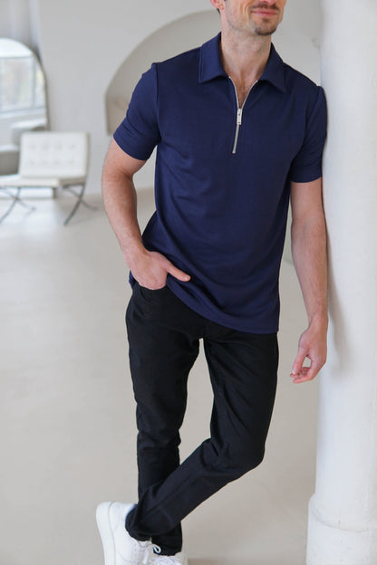 Luxe Zip Polo Shirt In Navy