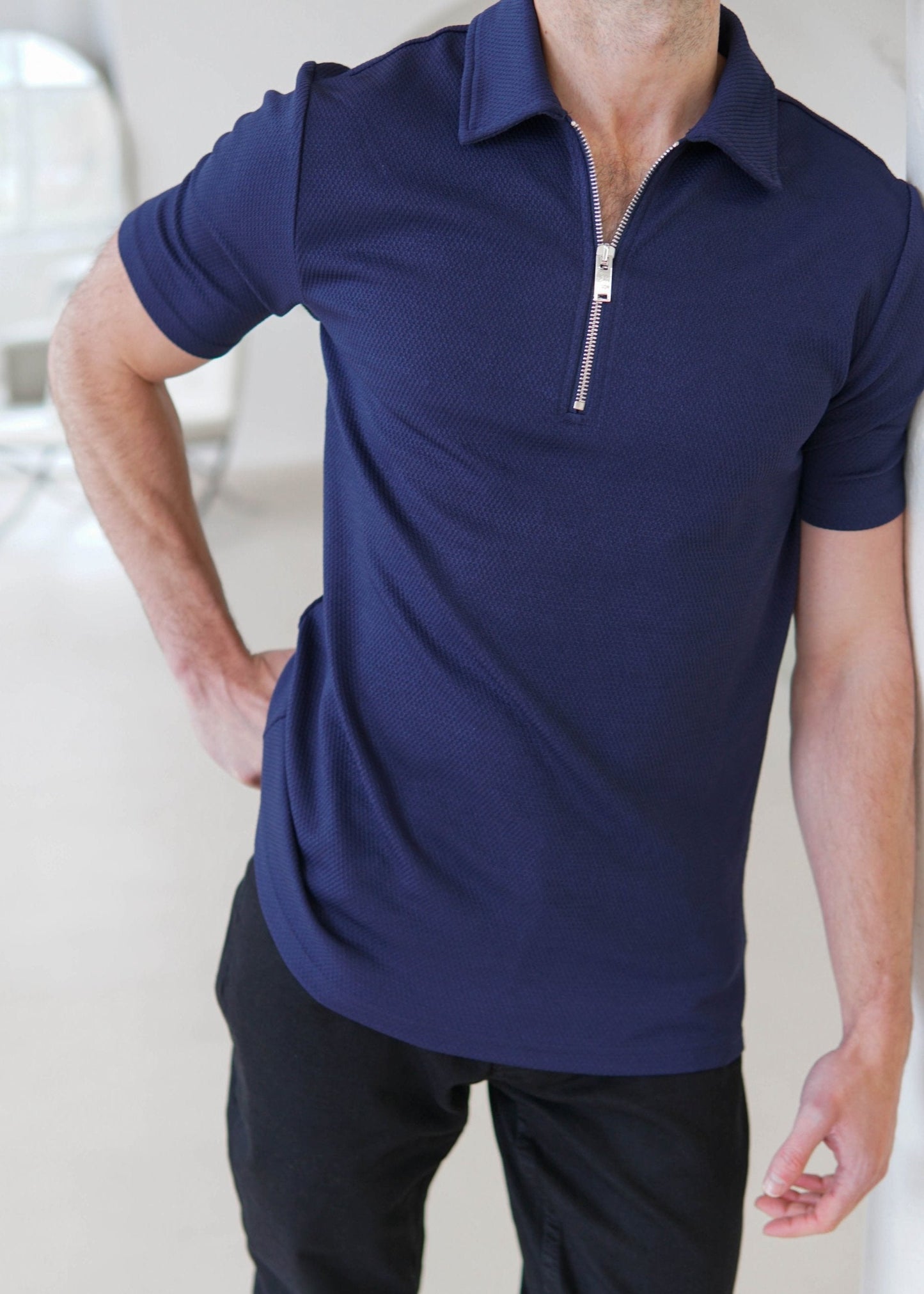 Luxe Zip Polo Shirt In Navy